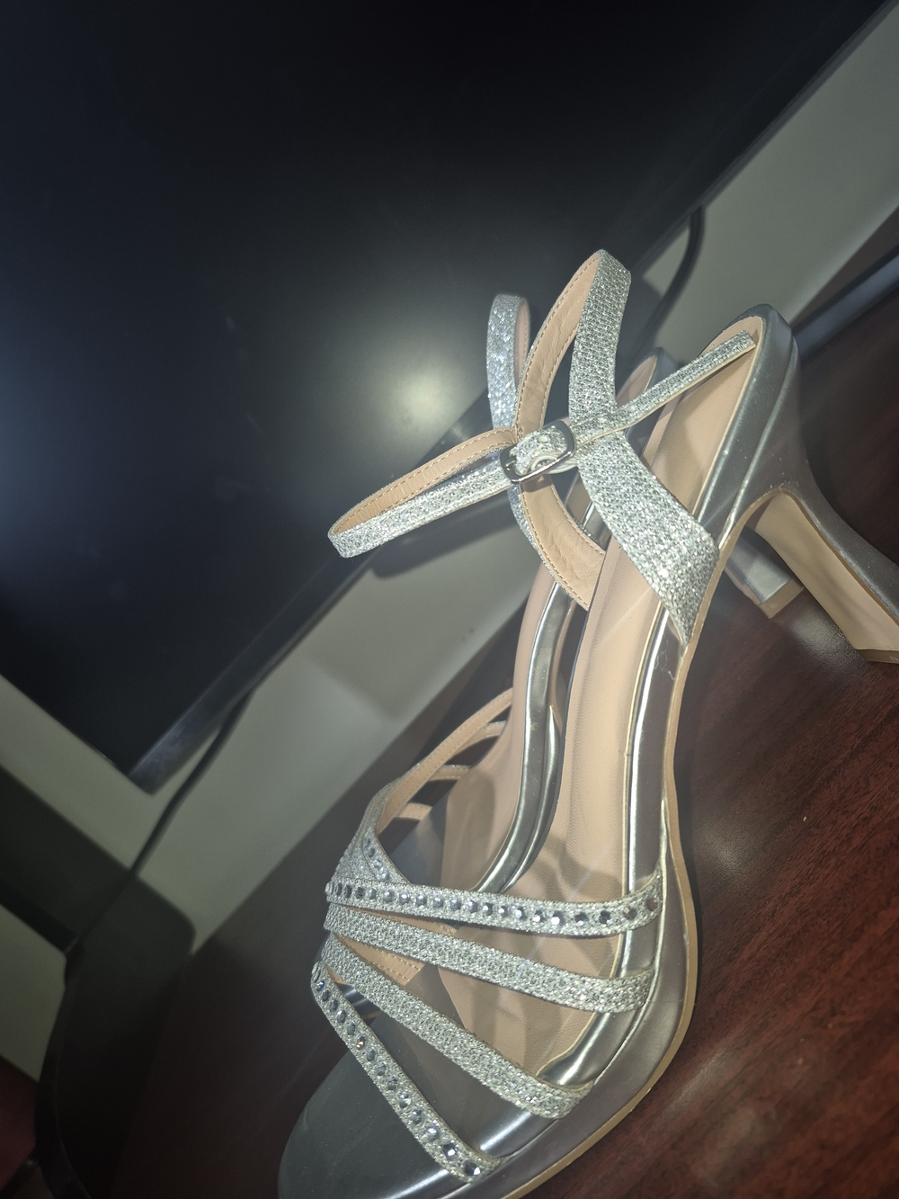 Glitter Strappy Silver Heeled Sandals for Women
